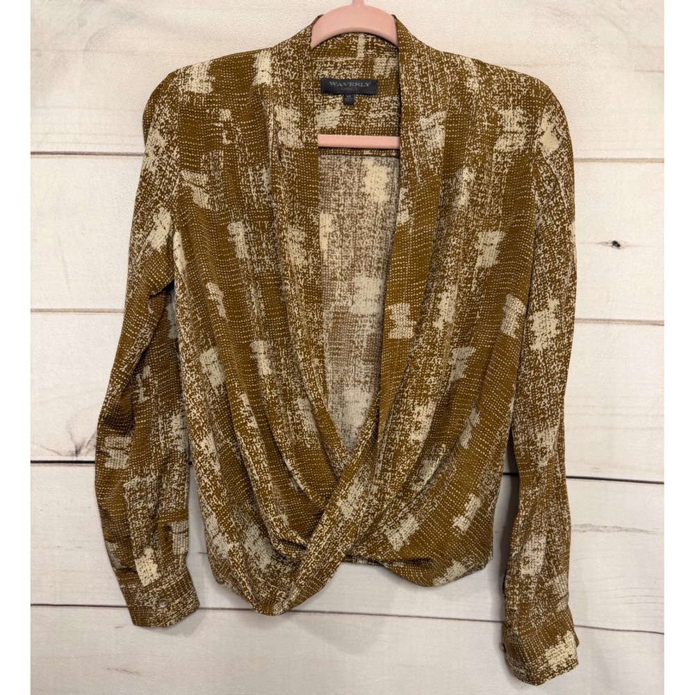 Waverly Grey Women's Brown Abstract‎ Print Twisted Front Silk Blouse XS